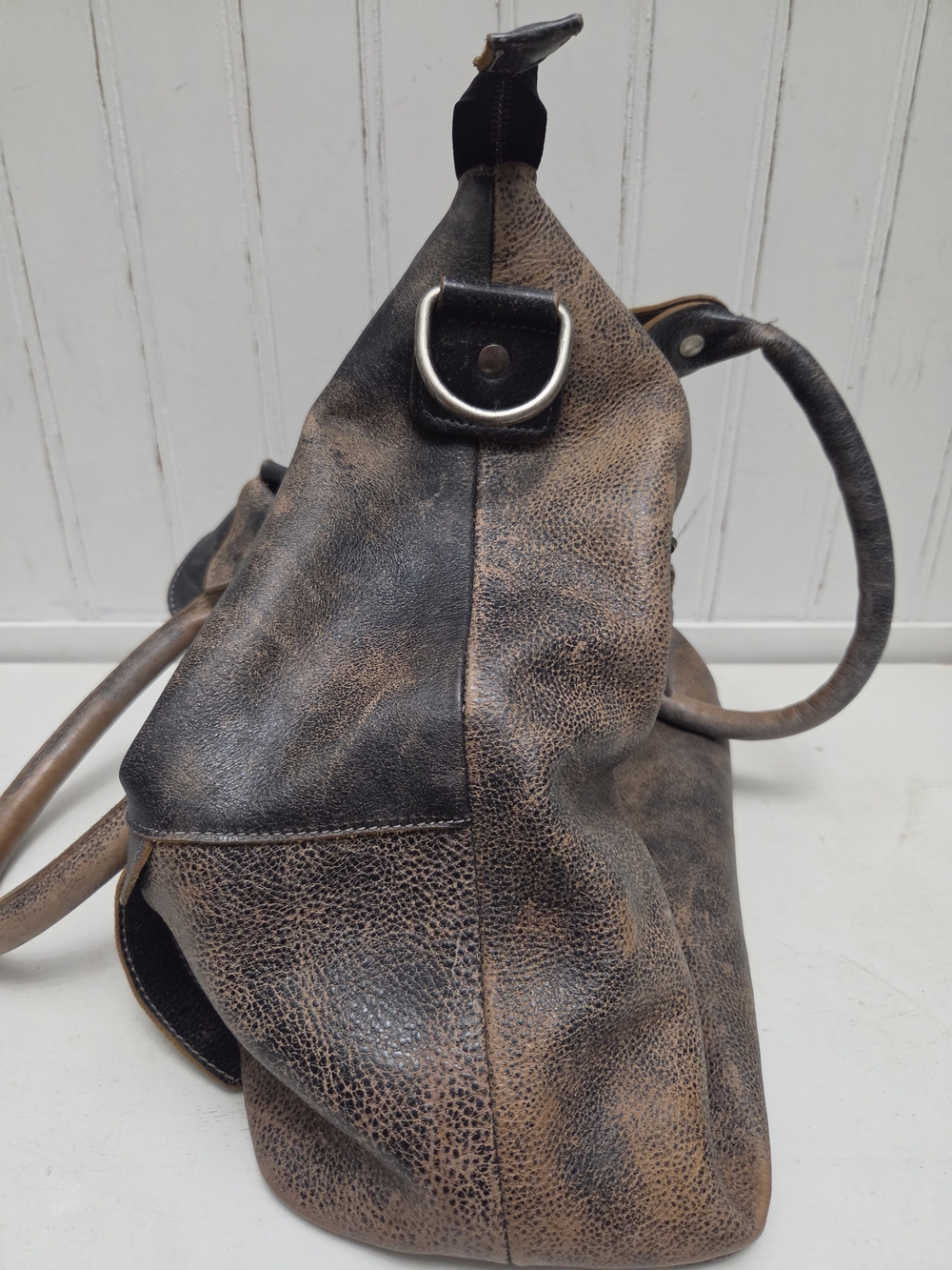 Bed Stu Big Fork Distressed Two-Tone Brown Leather Shoulder Bag Purse - Picture 11 of 16